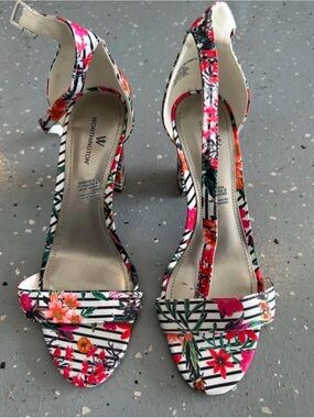 Worthington Floral Strappy Heels in White, Pink and Green